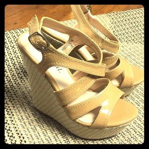 Tan patent leather wedge heels